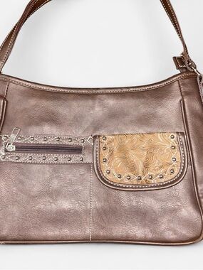 Women's Metallic Brown Shoulder Bag with Tooled Accent